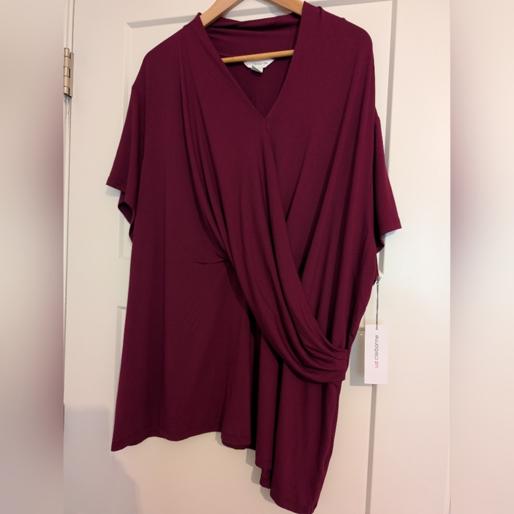Liz Claiborne Women's Top 3X Burgundy Faux Wrap V-Neck NWT